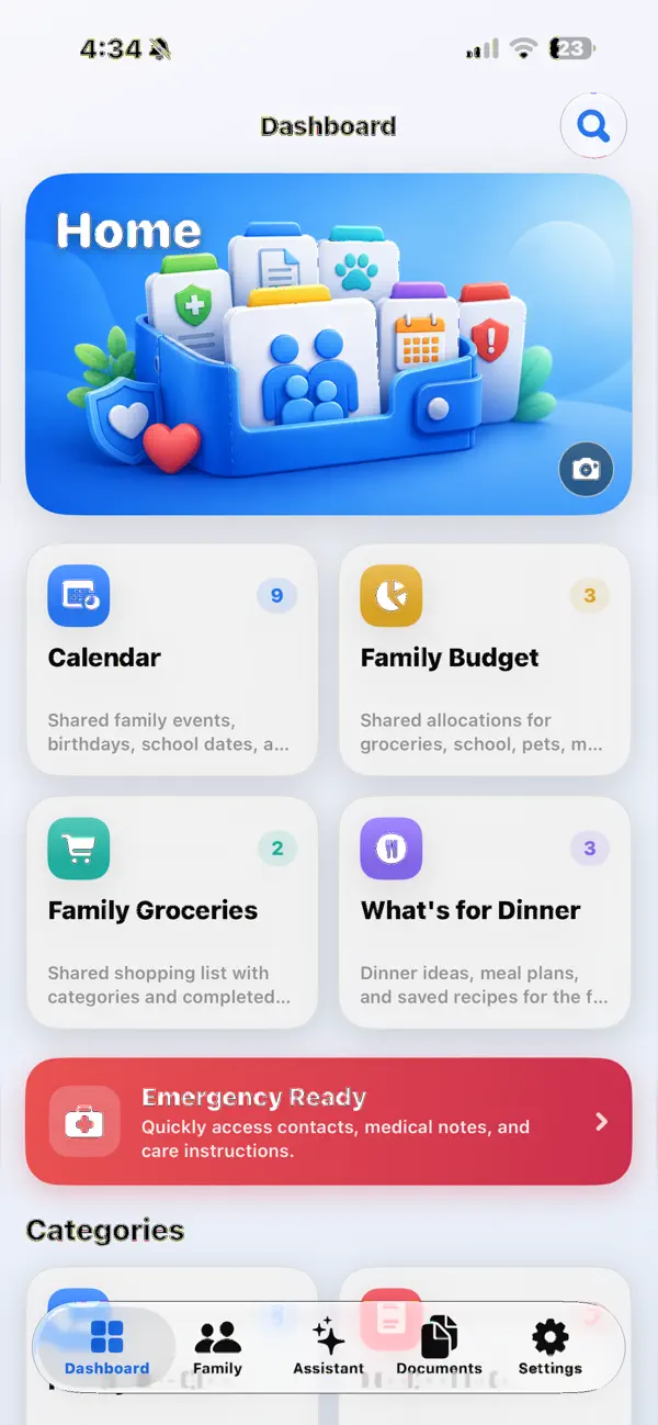 Dashboard screen in My Family Life Binder