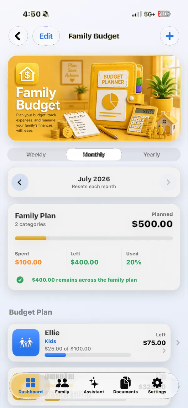 Family budget screen in My Family Life Binder