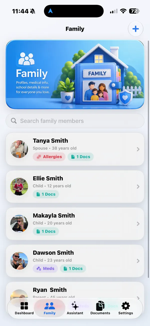 Family profiles screen in My Family Life Binder