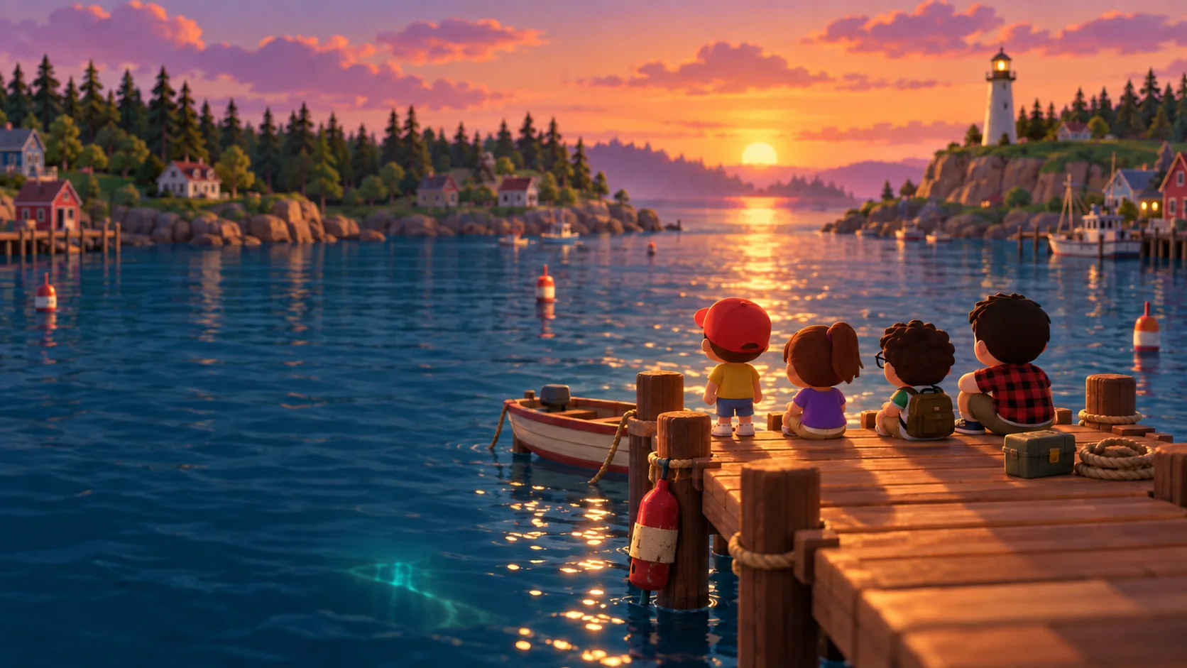 Four kids on a dock at sunset, looking out over the harbor